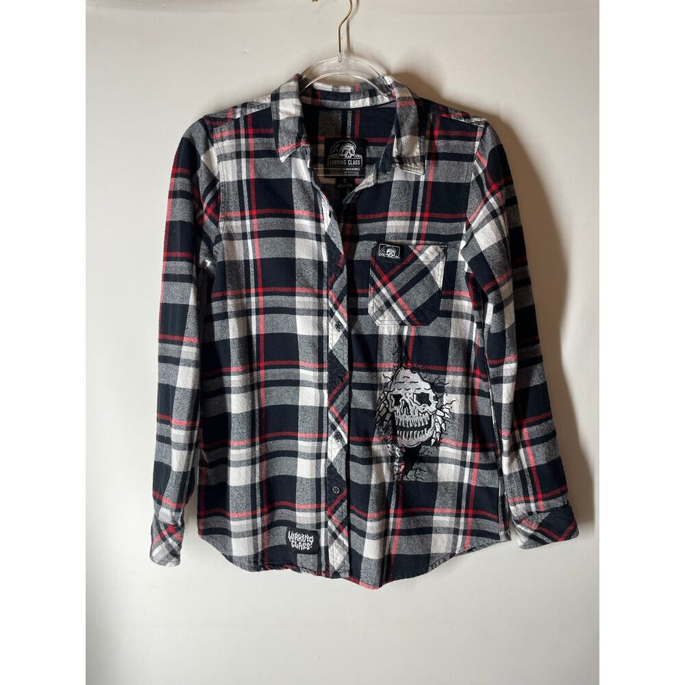 Lurking Class by Sketchy Cracked Gray Black Flannel Skull Patch Shirt Size Small
